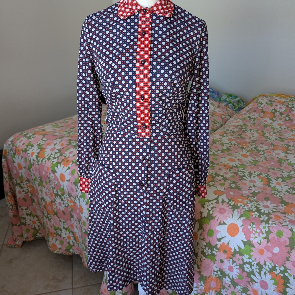 Vintage The Stroller brand 60s 70s blue red white polka dot groovy mod dress